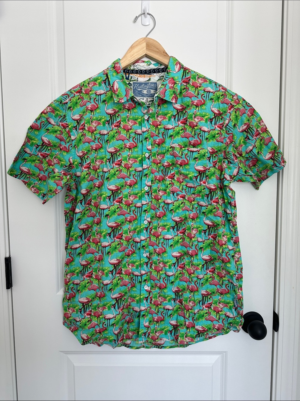 Huntington Beach Club Men’s Short-Sleeve Flamingo Print Hawaiian Shirt Green XL